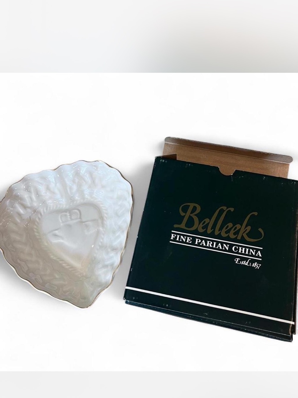 Vintage Belleek Claddagh Heart-Shaped Dish with Gold Edge